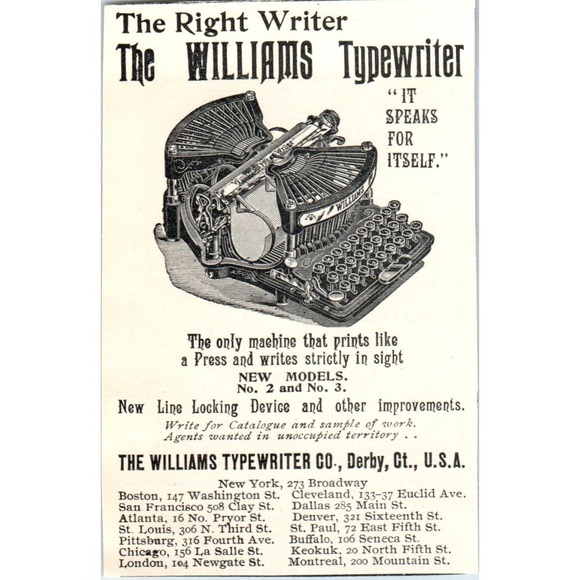None Other - The Williams Typewriter Co Derby CT 1897 Victorian Ad AE9-TS10